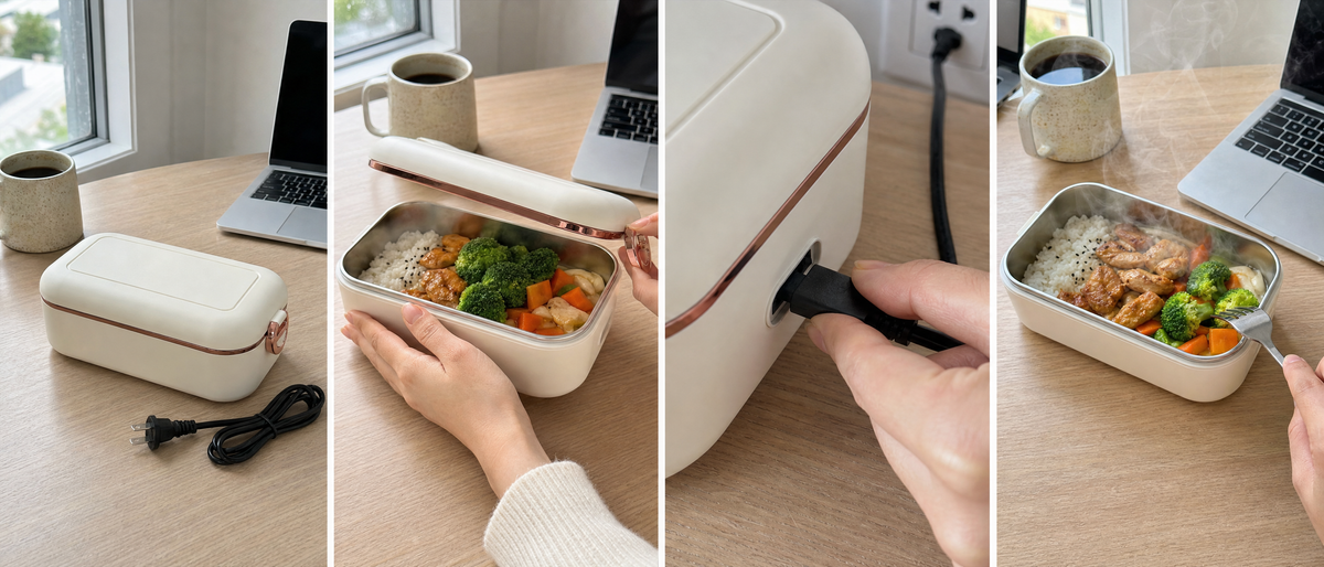 Lunch box chauffante - 4 étapes d'utilisation