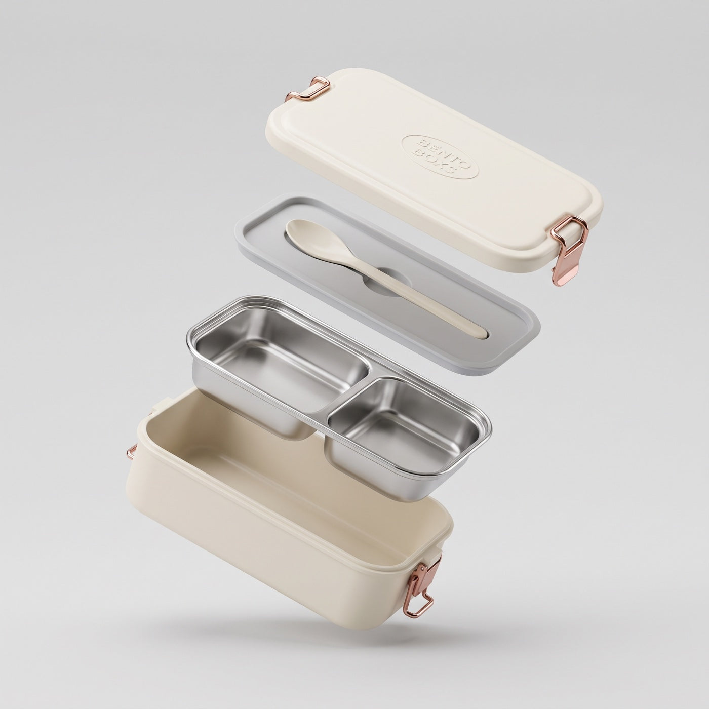 Lunchy, vue éclatée : couvercle, plateau couverts, cuve inox amovible